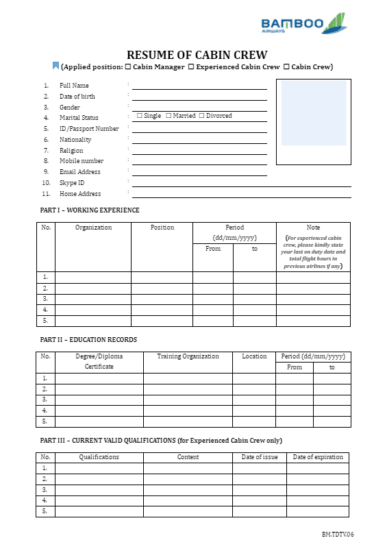 สมัครลูกเรือ สายการบิน Bamboo Airways