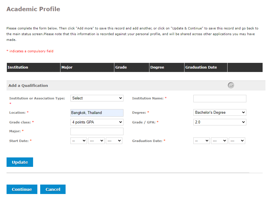Academic profile filling